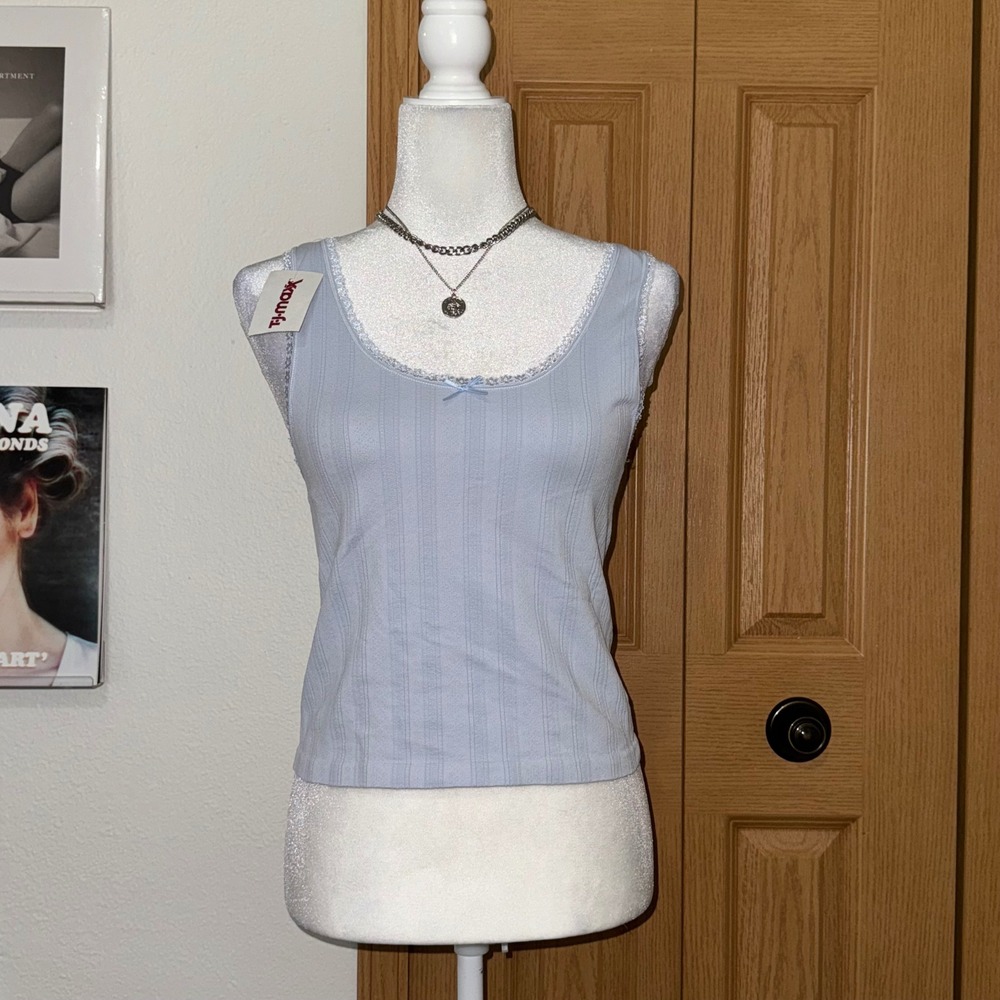 NWT Pink Rose Light Blue Lace Trim Pointelle Ribbed Tank Top L/XL Basic Coquette